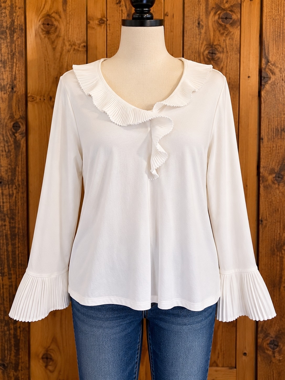 NIC+ZOE Cream Pleated Ruffle Neck Long-Sleeve Top